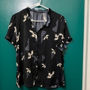 T Tahari Crane Print Black Blouse